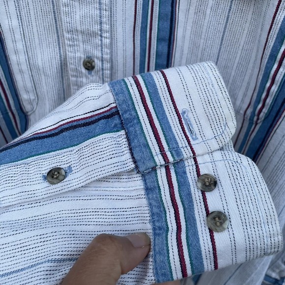 VTG Wrangler Shirt Blue Denim Stripe Brushpopper Western X-Long Tails 17.5/35 XL - Picture 7 of 12
